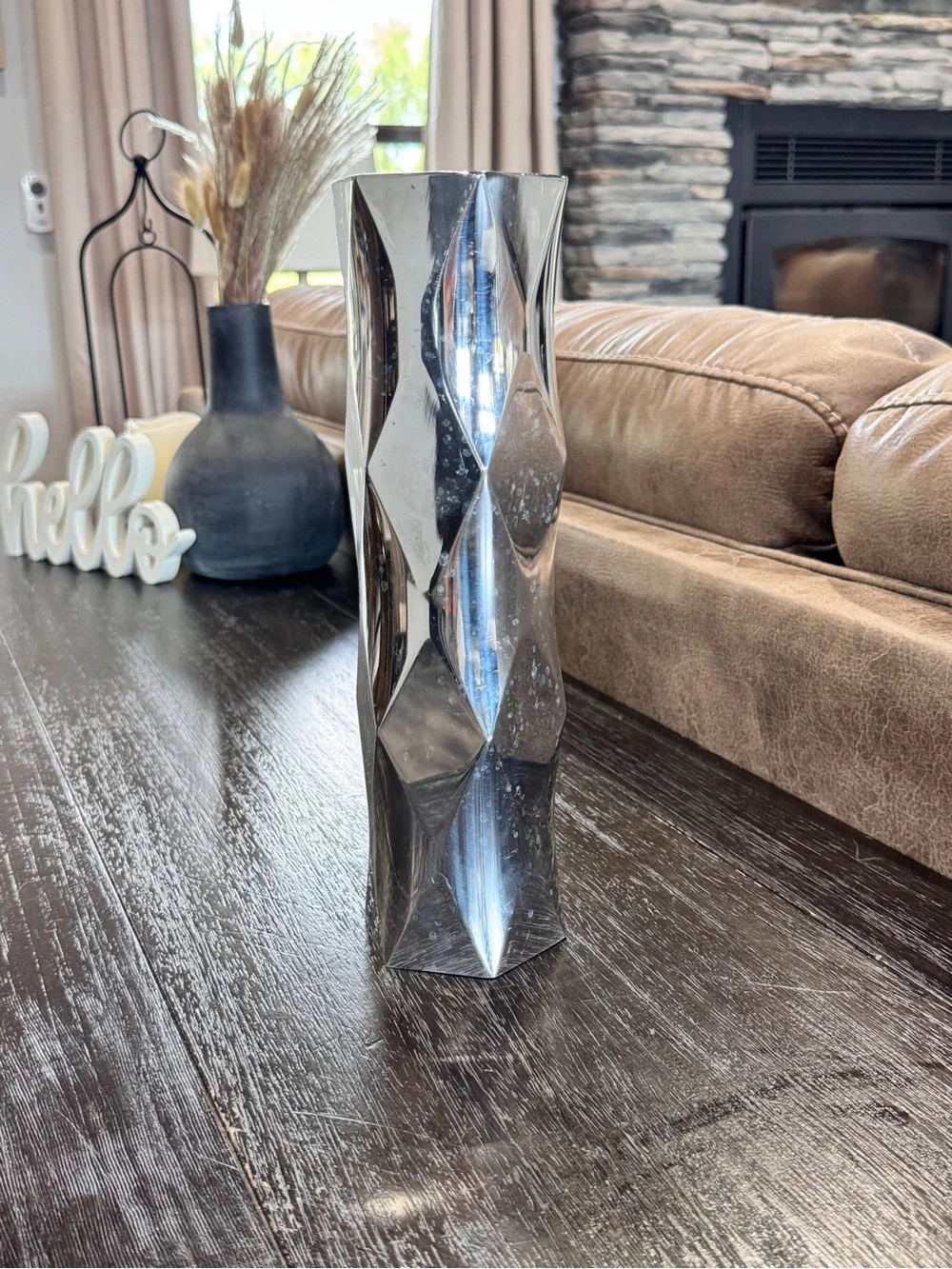 Nambe Metalic Silver Geometric Tall Vase - Elegant Home Accent